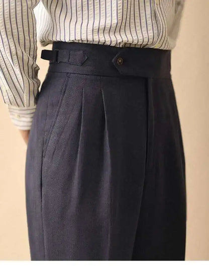 Linen Straight Pant For Men 2024 Summer Business Gentleman Naples Pant Paris Buckle Drape High Waisted Trousers Men Formal Pant