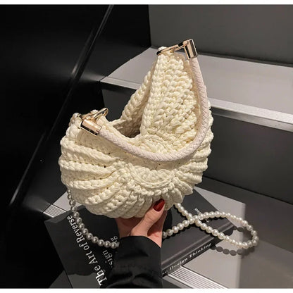 Fashion Conch Shaped Crochet Women Shoulde Bags Funny Cute Pearls Chains Handmade Weave Crossbody Bag Novelty Small Handbags