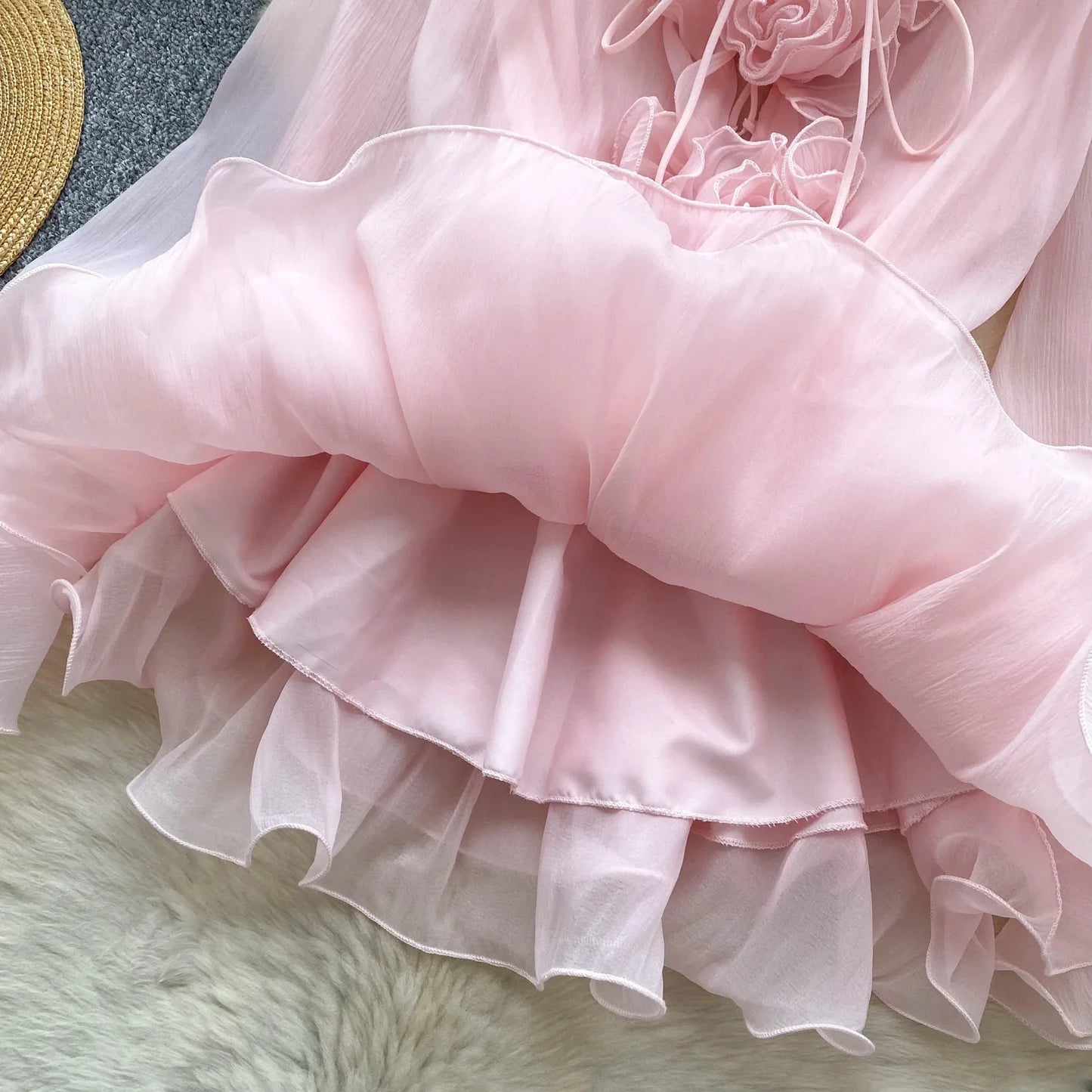 3D Floral Beach Short Dress Female Long Sleeves Lace Up Ruffle Chiffon Cake Sundress Sheer Sexy Vintage Bohemian Dress