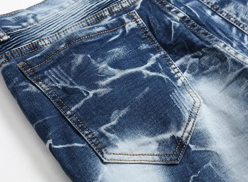 Zipper Pocket Retro Nostalgic Jeans Men's New Style High Street Motorcycle Fashion Stretch Slim Straight Denim Trousers Male