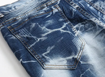 Zipper Pocket Retro Nostalgic Jeans Men's New Style High Street Motorcycle Fashion Stretch Slim Straight Denim Trousers Male