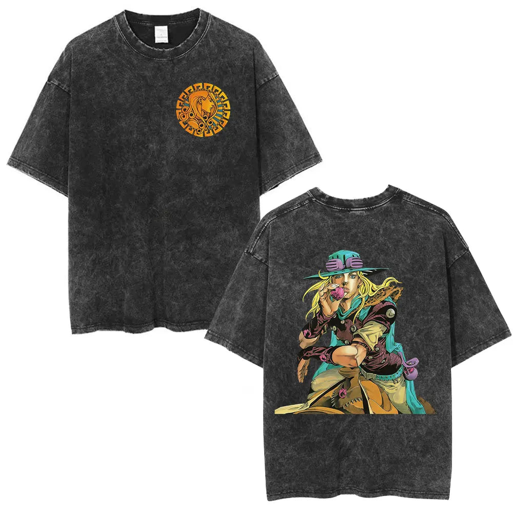 Anime Jojo Bizarre Adventure STEEL BALL RUN Manga Vintage Acid Washed T Shirt Men Women Casual Short Sleeves T-shirt Streetwear