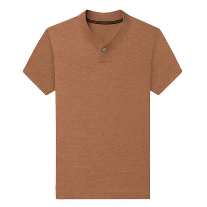2026 Korean Style Men's Casual and Fashionable One Button V-neck Solid Color Short Sleeved T-shirt Summer Versatile Top