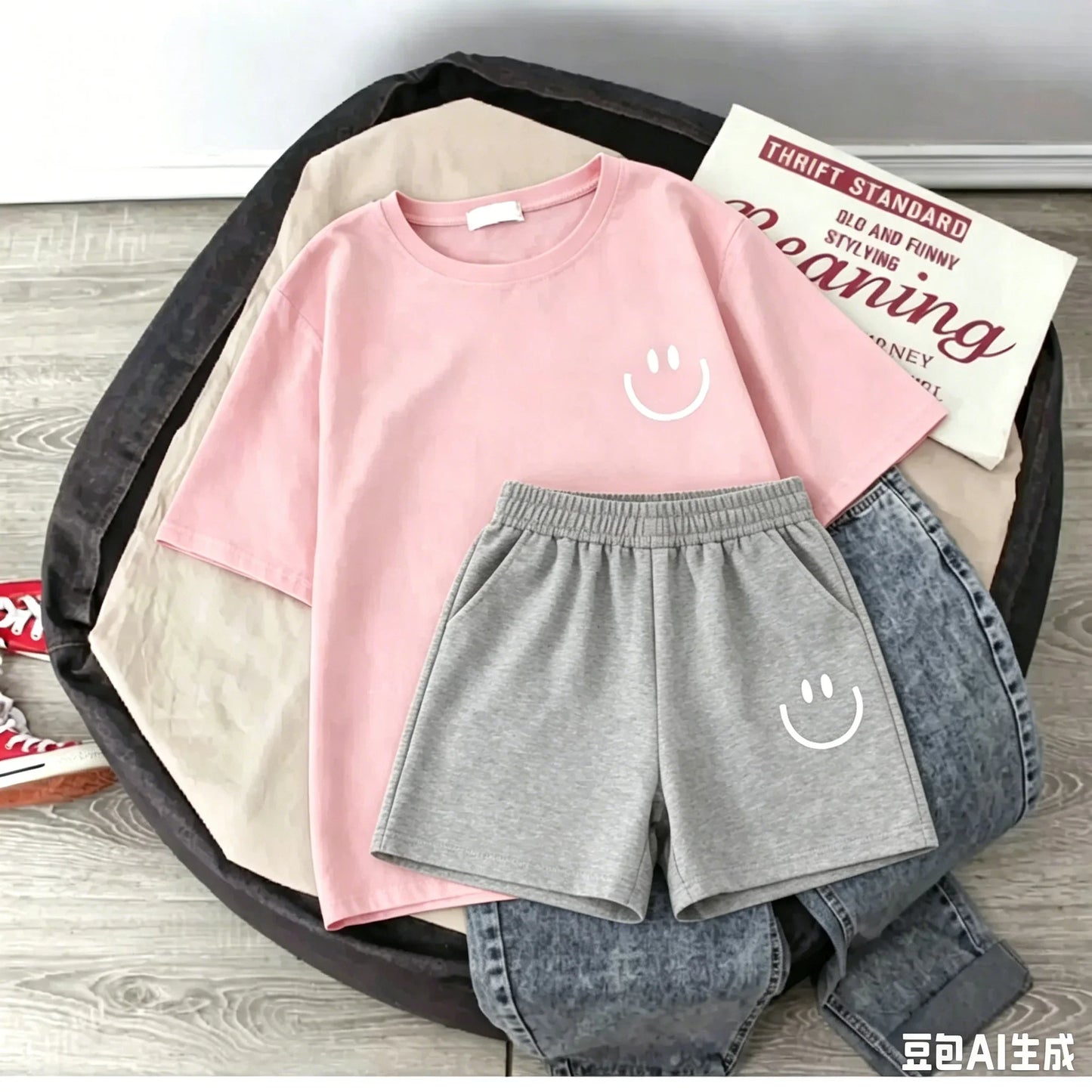 2026 New Summer Smiling Face Print Kids T-shirt Set Short-sleeved Pure Cotton Loose Basic Versatile Cool Simple Kids Outfit Tops