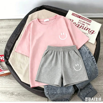 2026 New Summer Smiling Face Print Kids T-shirt Set Short-sleeved Pure Cotton Loose Basic Versatile Cool Simple Kids Outfit Tops