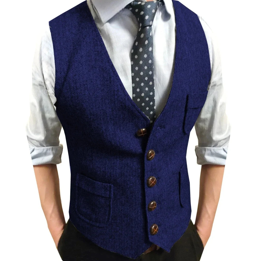 Men Vest Brown Herringbone Single Button V Neck Waistcoat For Wedding Party Business Work Office Daily Casual Men Suit Vest