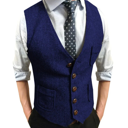 Men Vest Brown Herringbone Single Button V Neck Waistcoat For Wedding Party Business Work Office Daily Casual Men Suit Vest