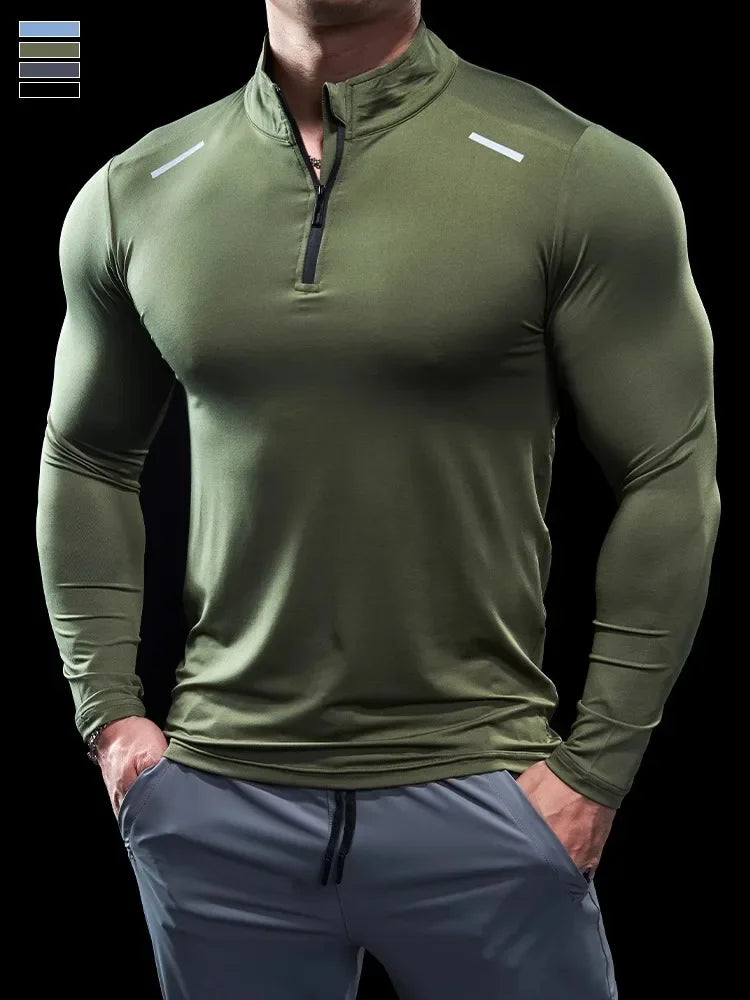 Men Stand Collar Zipper T-shirt Gym Running Training Fitness Bodybuilding Sport Top Quality Elastic Long Sleeve Tight Tops Tees