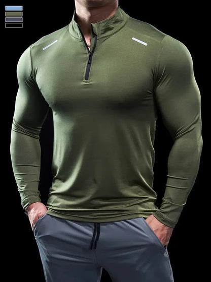 Men Stand Collar Zipper T-shirt Gym Running Training Fitness Bodybuilding Sport Top Quality Elastic Long Sleeve Tight Tops Tees