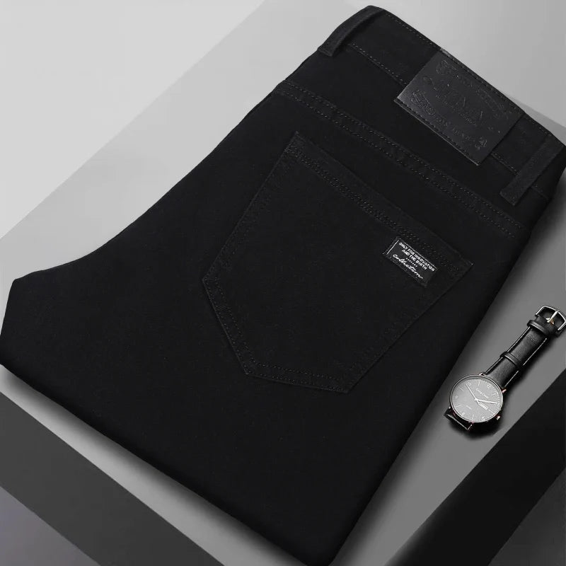 Spring New Men's Slim Fit Elastic Jeans Fashion Gray Comfortable Casual Denim Pants Korean Business Work Straight Black Trousers