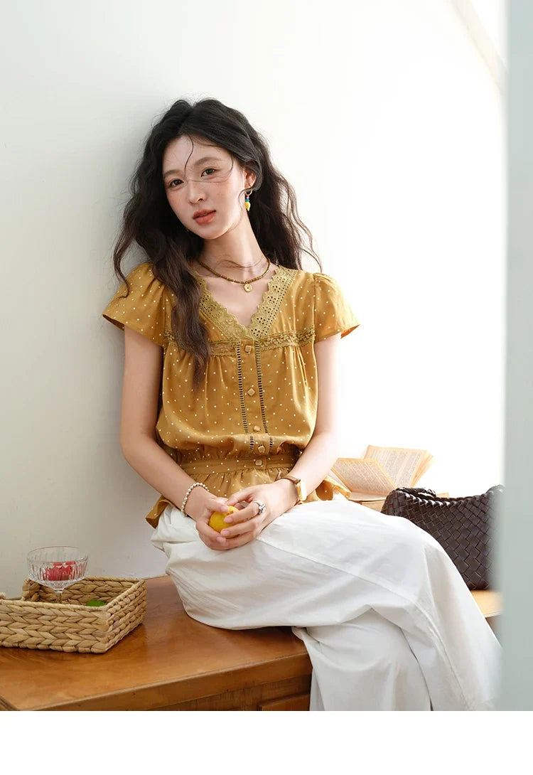 Women's V-neck Lace Splicing Blouse 2025 Summer New Ladies Fashion Polka Dot Hollow Ruffle Button Female Top MXE38X1847