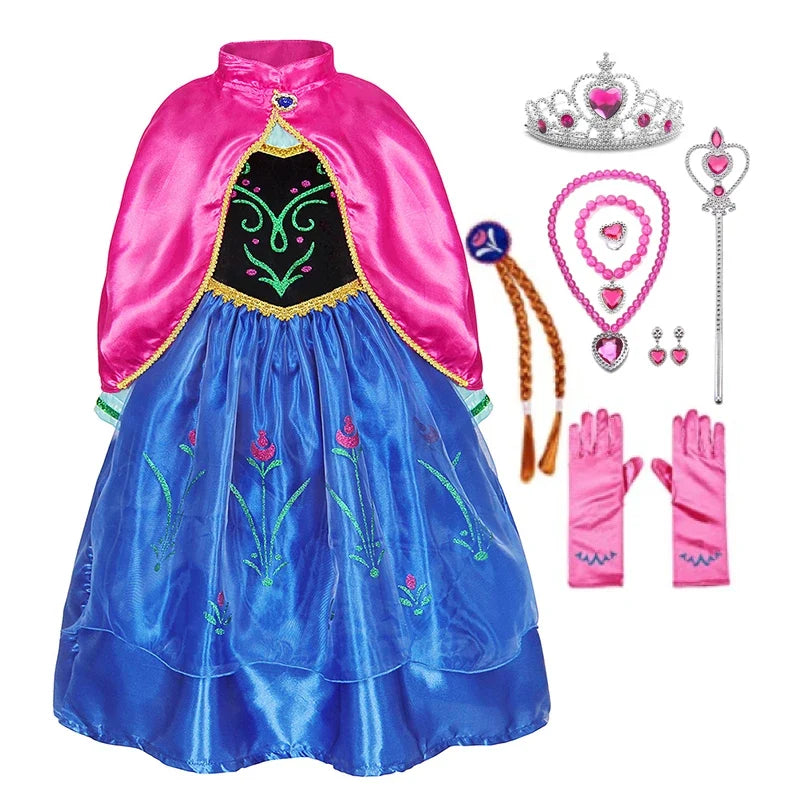 Disney Anna Dress with Cape for Kids Girl Carnival Princess Disguise Frozen Party Clothing Girls Hallloween Anna Gown Prom Dress