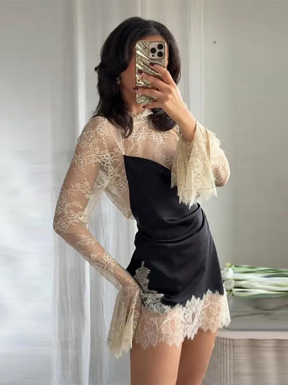 Elegant Lace Trim Satin Dress Women High Neck Color Block Full Sleeve Y2K Mini Dresses 2026 Spring Lady New Sexy Party Clubwear