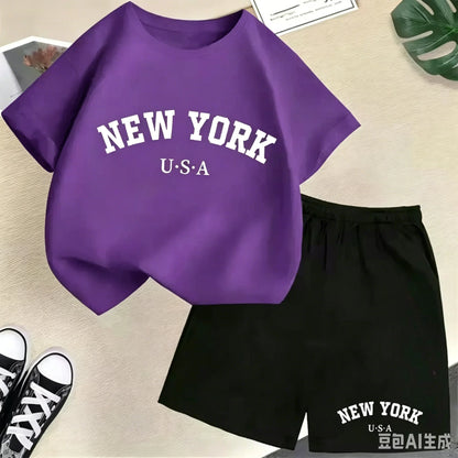 2026 New Kids Boys Girls New York Letter Pattern Cotton T-shirt+Shorts 2-Piece Set Casual Daily
