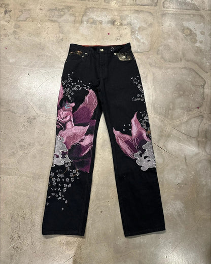 Japanese Harajuku Jeans Mens New Dragon High Quality Jeans Gothic Y2K Vintage Hip Hop Streetwear Denim Fabric Wide Leg Pants