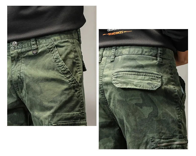 Length Men's Cargo Pant Cotton Stretch Casual Camouflage Trouser Male Camo Cuff Jogger Multi Zip Pocket Outfit Zipper Tied