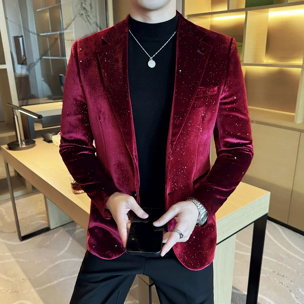 High Quality Velvet Bronzing Suit Coats Mens Sparkle Elegant Slim Business Suits Jacket Homme Formal Social Prom Party Tuxedos