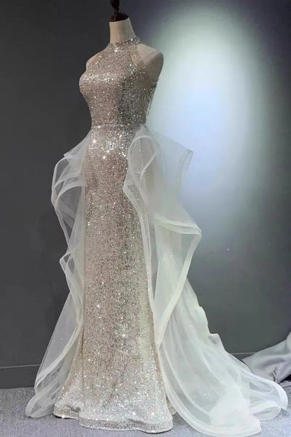 Elegant Sparking Navy Blue Evening Dresses Halt Beading Party Gown Customized Prom Dress 2025 Tiered robes de soirée Sweep Train