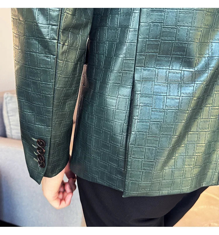 High Quality Square Grid Double Breasted Leather Jacket Fashion Business Slim Fit Casual Men Suit Blazer Tuxedos Men Clothing