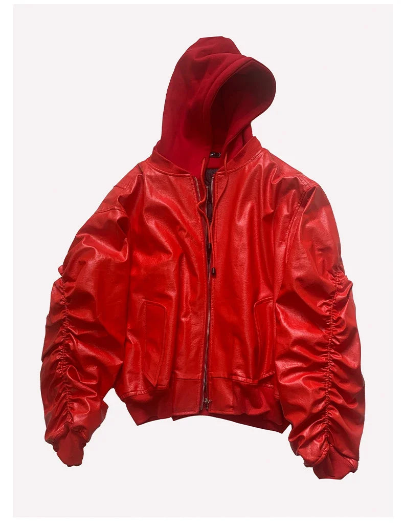 Autumn Winter Cool Handsome Oversized Brown Thickened Warm Leather Jacket Men with Hood Fake 2 Piece European Clothes