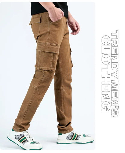 Men's Street Style Elastic Waist Denim Cargo Pants Solid Color Washed Slim Fit Casual Jeans with Multiple Pockets for Daily Wear