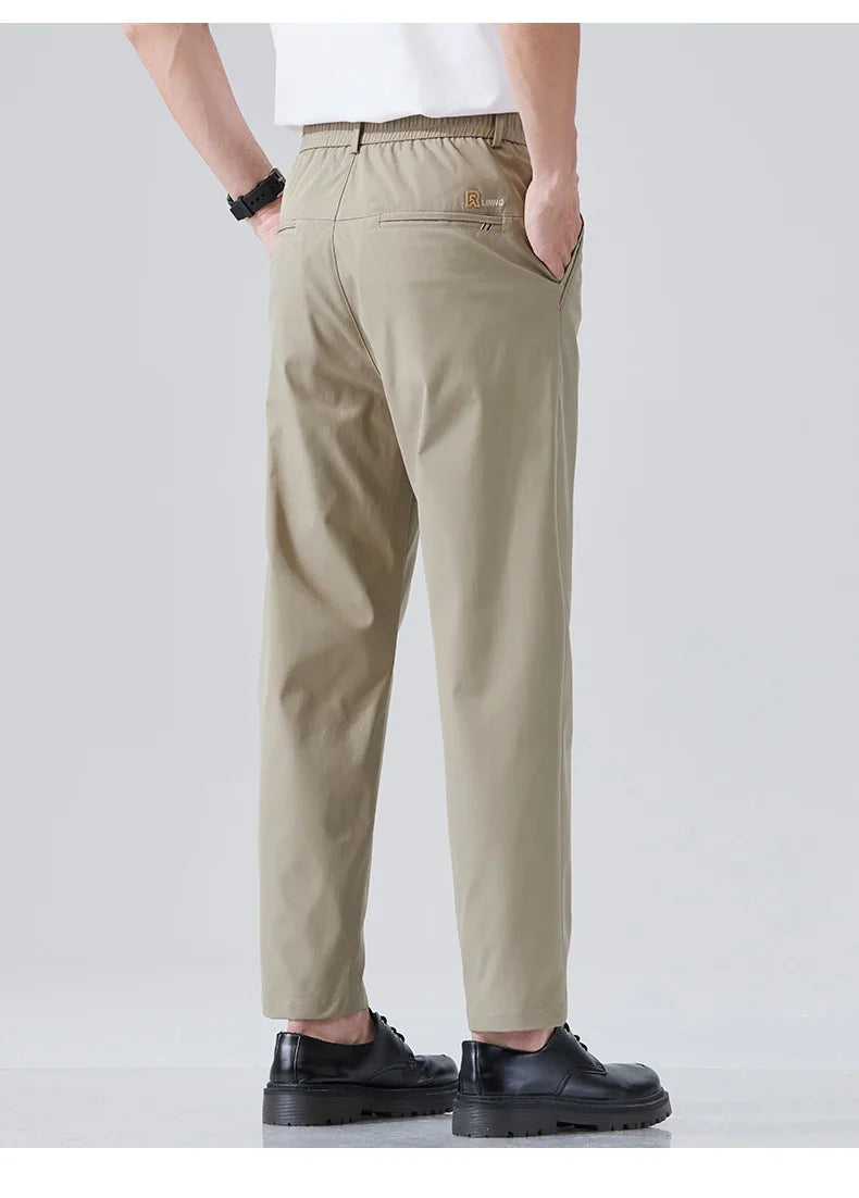 2026 Spring Summer Thin Ice Silk Suit Pants Men's Business Straight Slim High Elastic Ankle Length Casual Pants Male