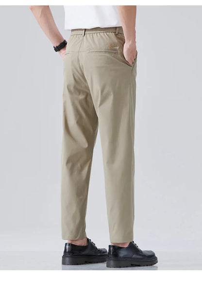 2026 Spring Summer Thin Ice Silk Suit Pants Men's Business Straight Slim High Elastic Ankle Length Casual Pants Male