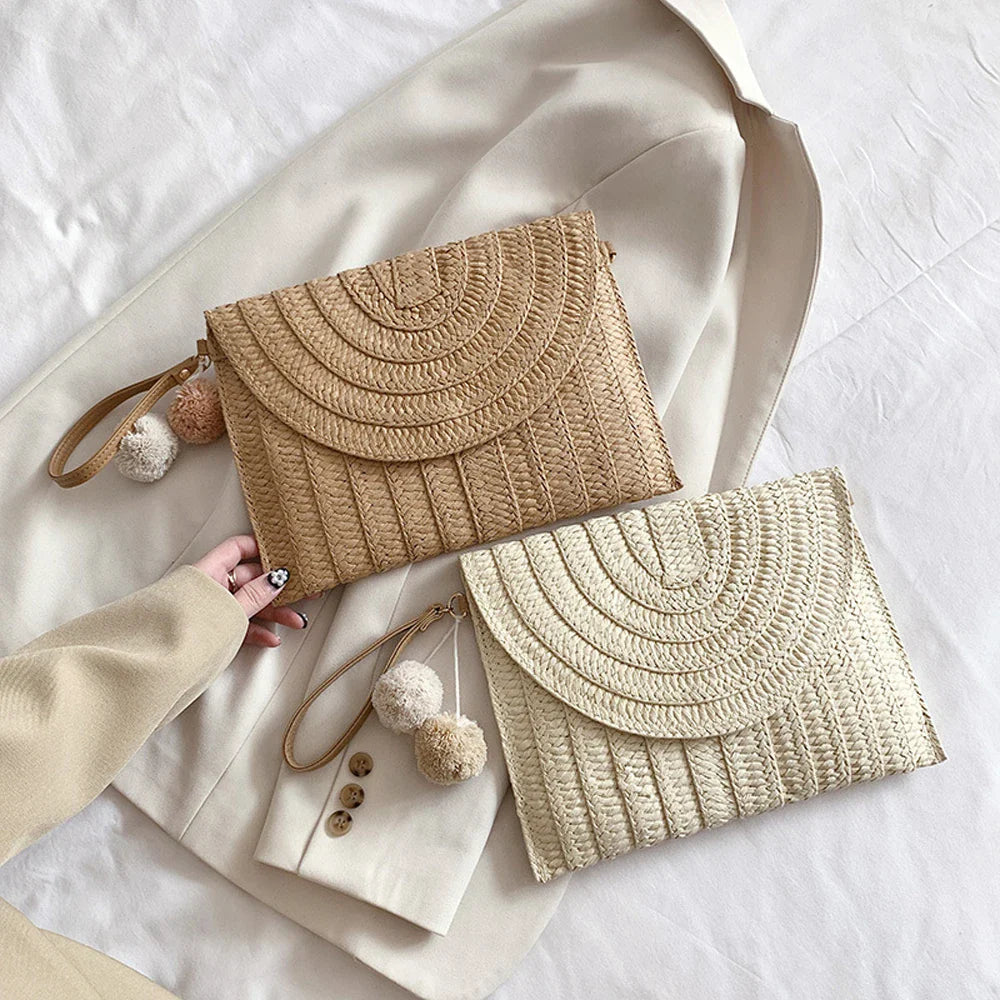 Handmade Ladies Straw Woven Bags Women Summer Holiday Beach Casual Clutch Purse Elegant Shoulder Handbag Raffia Envelope Wallets