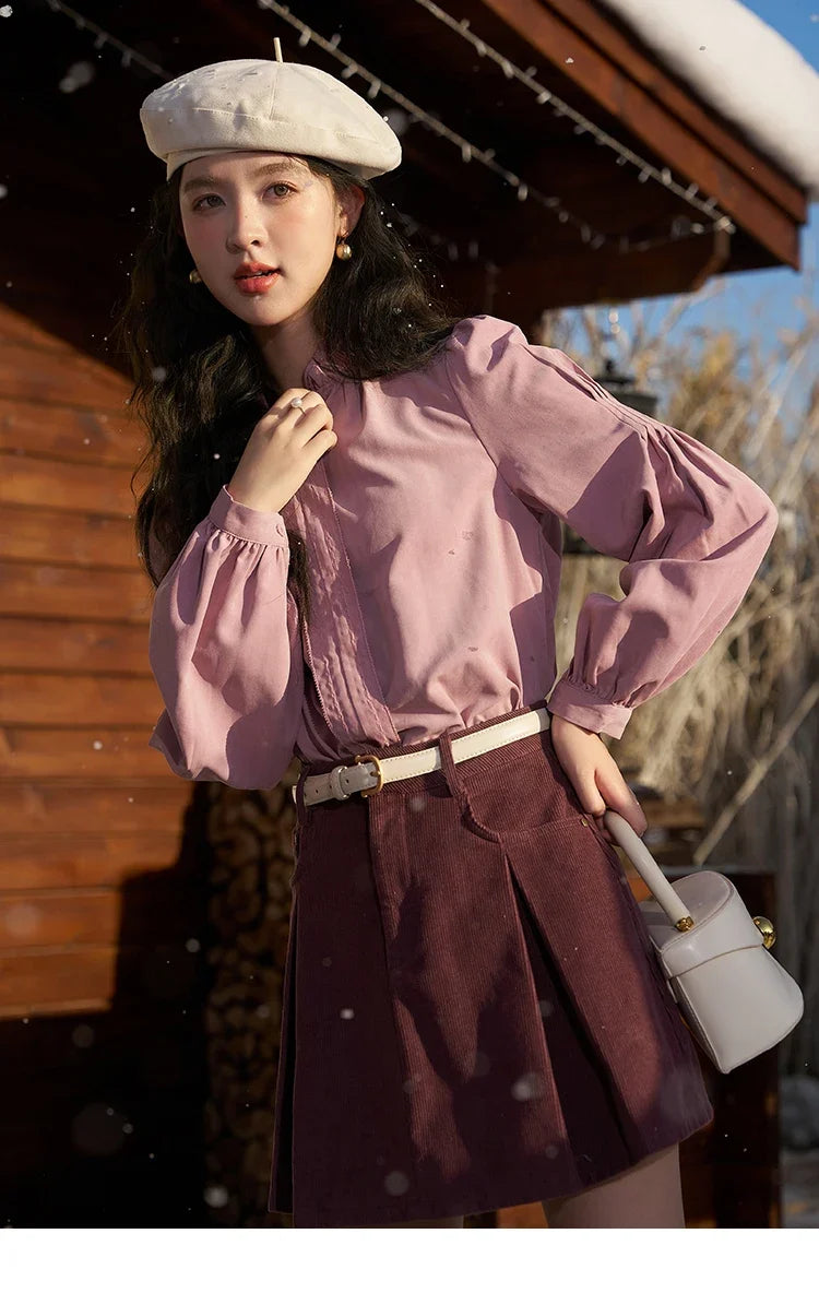 French Autumn Winter Button Up Lantern Long Sleeve Shirts Women Ruffle Neck Thick Warm Blouse Flannel Shirt MXC56X1320