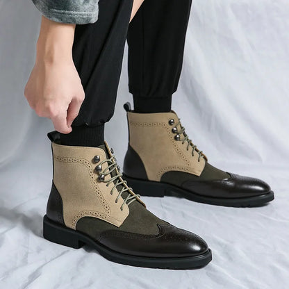 Retro Black Men's Leather Boots 2024 Quality Pointed-Toe Lace-up Men's Dress Boots Plus Size 48 Comfy High Top Men Brogue Shoes
