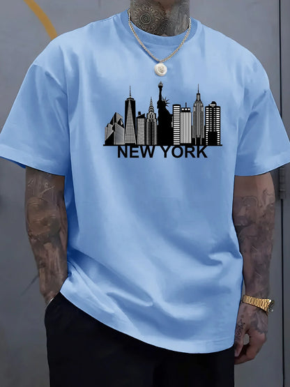 100% pure cotton men's New York city pattern printed fashionable casual loose sports round neck short sleeved T-shirt top