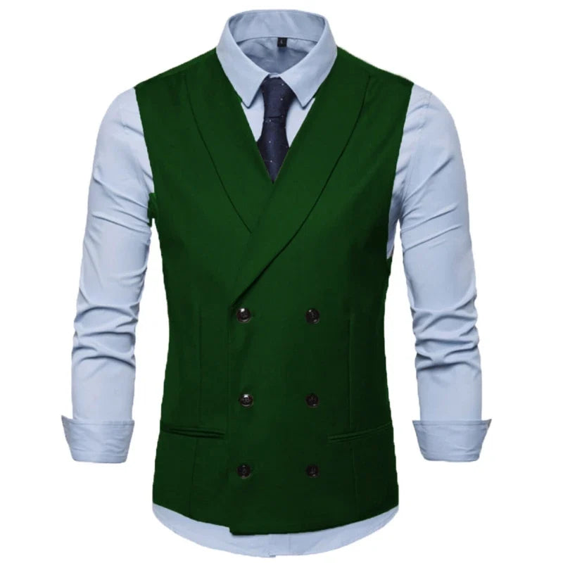Men Vest Black Solid With Lapel Double Button Waistcoat For Regular Slim Wedding Banquet Business Work Men Suit Vest