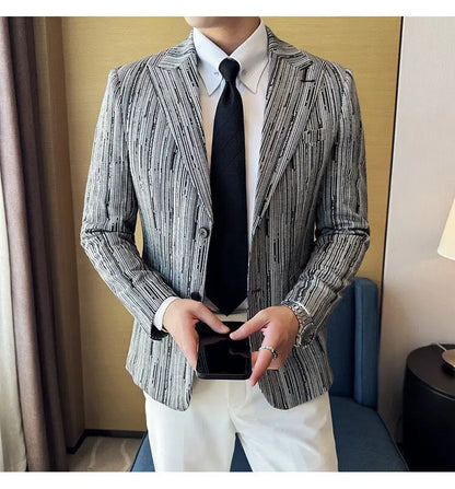 Fashion Meteor Line Checkered Elegant Suit Jacket Men Fashion De Luxe Business Slim Fit Single Breasted Social Party Dress Coats