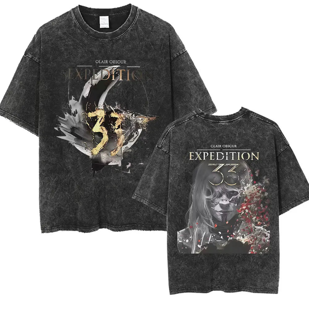 Game Clair Obscur Expédition 33 Vintage Washed T Shirts Men's Women Casual High Quality Oversized Cotton T-shirt Fans Streetwear
