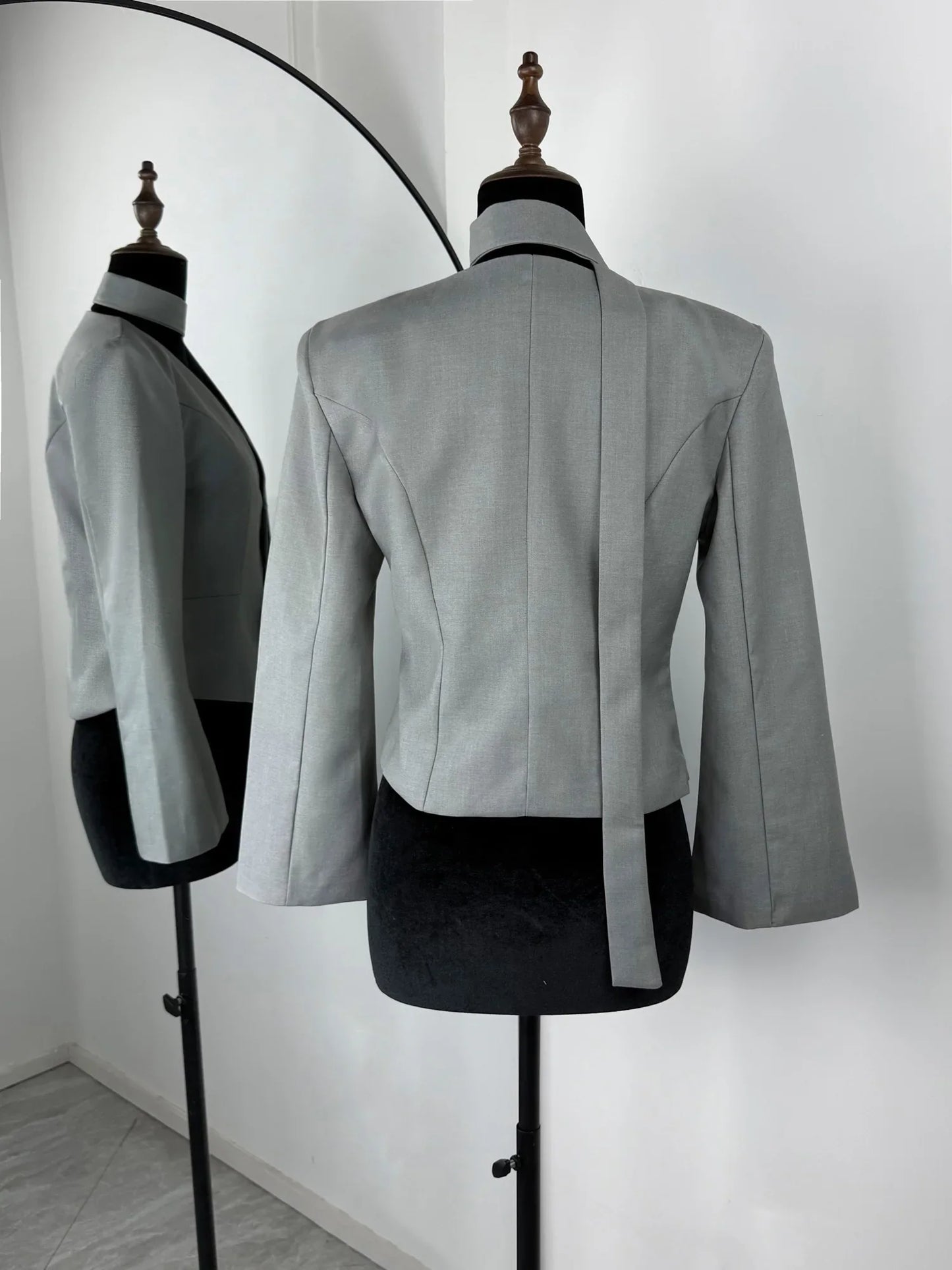 Single Breasted Coat Women's V Neck Scarf With Long Sleeve Waist-Cinching Blazer Jacket Lady Casual Slim Commute Coat