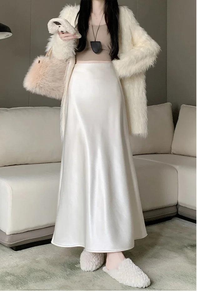New Autumn Winter Solid Satin Silk Mermaid Skirt Women Fashion High Waist Office Ladies Work Warmth Party Long Maxi Skirt