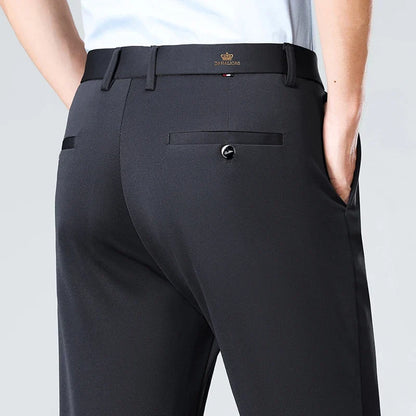 High-stretch fabric men's business trousers suitable for all seasons, featuring an elastic waistband and classic office/work for