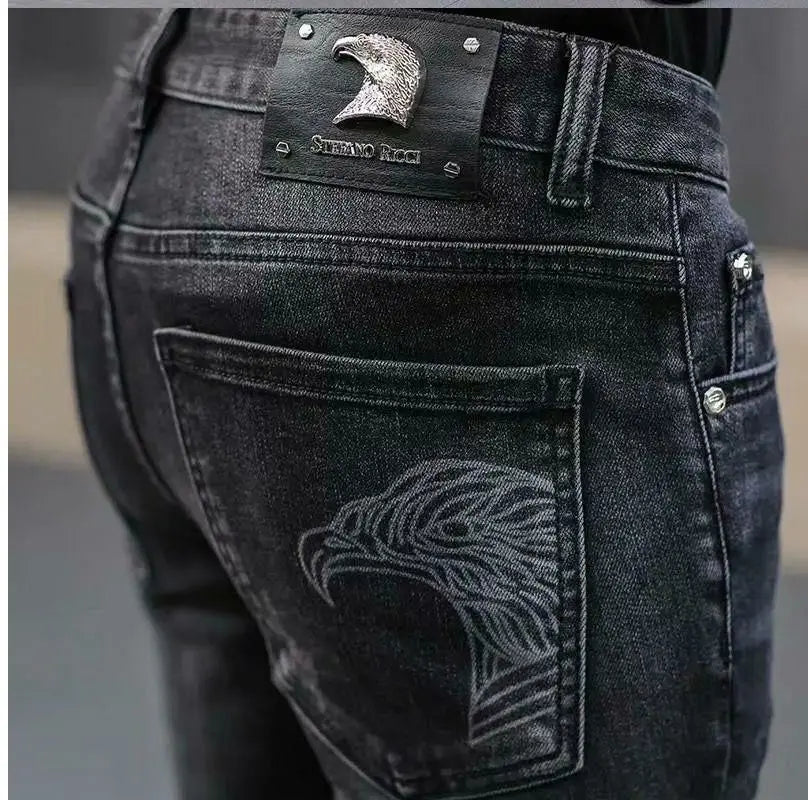 High End Stylish Classic Distinctive Printed Black Stretch Denim Jeans for Men High Quality Slim Fit Stretch Luxury Denim Pants