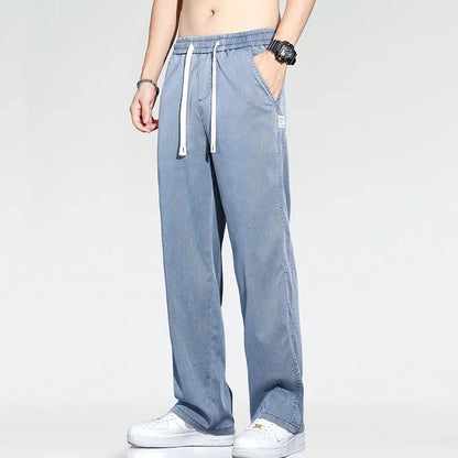 Summer Thin Loose Wide-leg Men Jeans Soft Lyocell Elastic Fashion Casual Straight Drawstring Denim Trousers Black Blue Gray