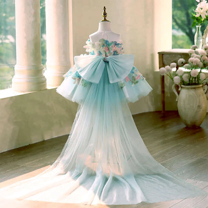 D113 Elegant Turquoise Flower Girl Dress Lace Knee Length Princess Children Wedding 1st Birthday Pageant Party Gown