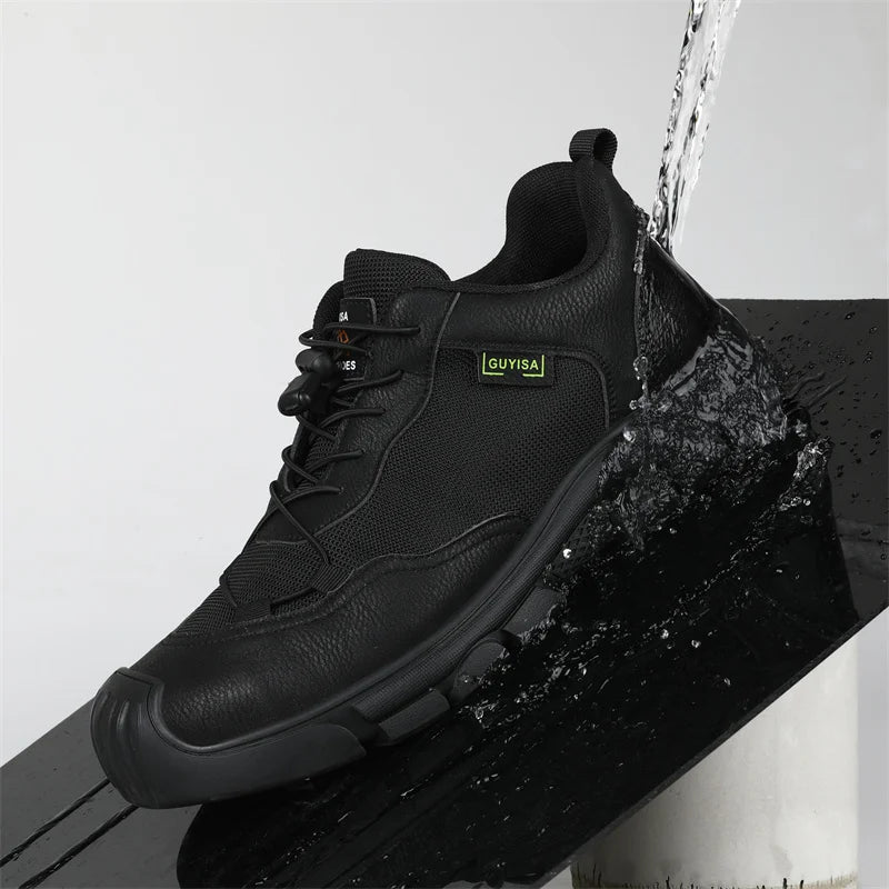 Black Leather Work Safety Shoes Waterproof Indestructible Steel Toe Cap Labor Shoes For Men Breathable Anti Smashing Sneakers