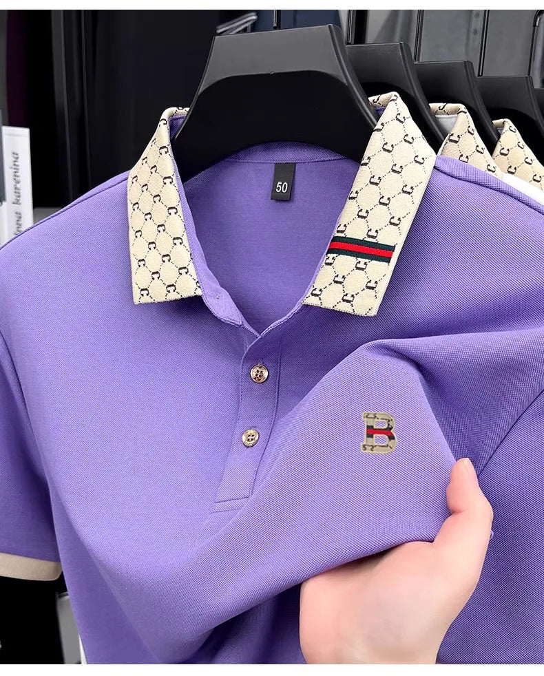 Luxury brand B letter embossed short sleeve polo shirt men summer lightweight breathable new fashion color blocked lapel T-shirt