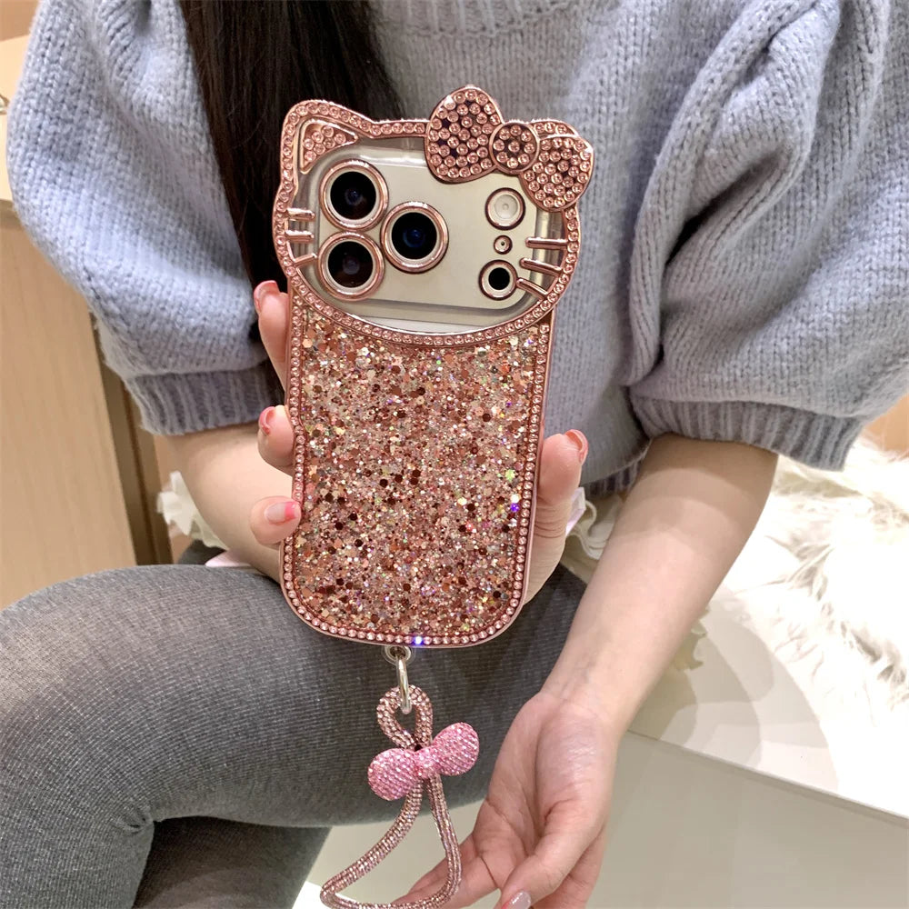 Cute Camera 3D Hellokitty Luxury Glitter phone case for iPhone 17 11 12 13 14 15 plus 16 Pro Max Fundas With Chain Shockproof Ca