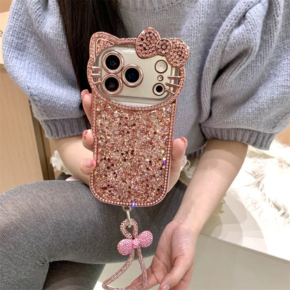 Cute Camera 3D Hellokitty Luxury Glitter phone case for iPhone 17 11 12 13 14 15 plus 16 Pro Max Fundas With Chain Shockproof Ca