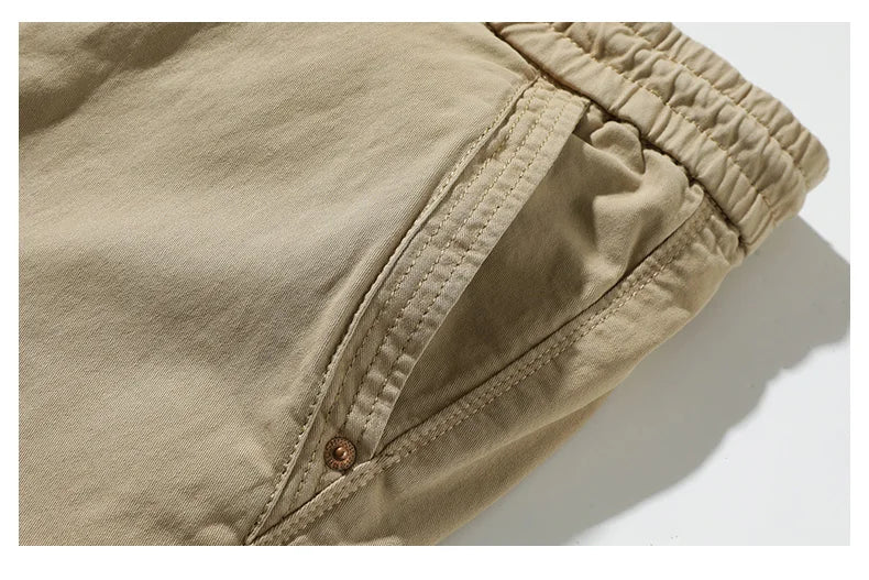 Cotton Men's Cargo Pants Elastic Waist Stretch Trouser Male Multi Pocket Casual Jogger Fit Ankle Length Zipper Purple Drawstring