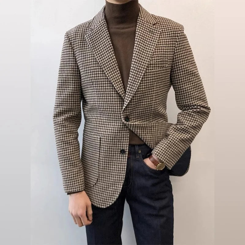 Autumn and Winter Casual Men's Retro Tweed Houndstooth Suit Men's Plus Size Outwear British Gentleman Wool Suit Trendy