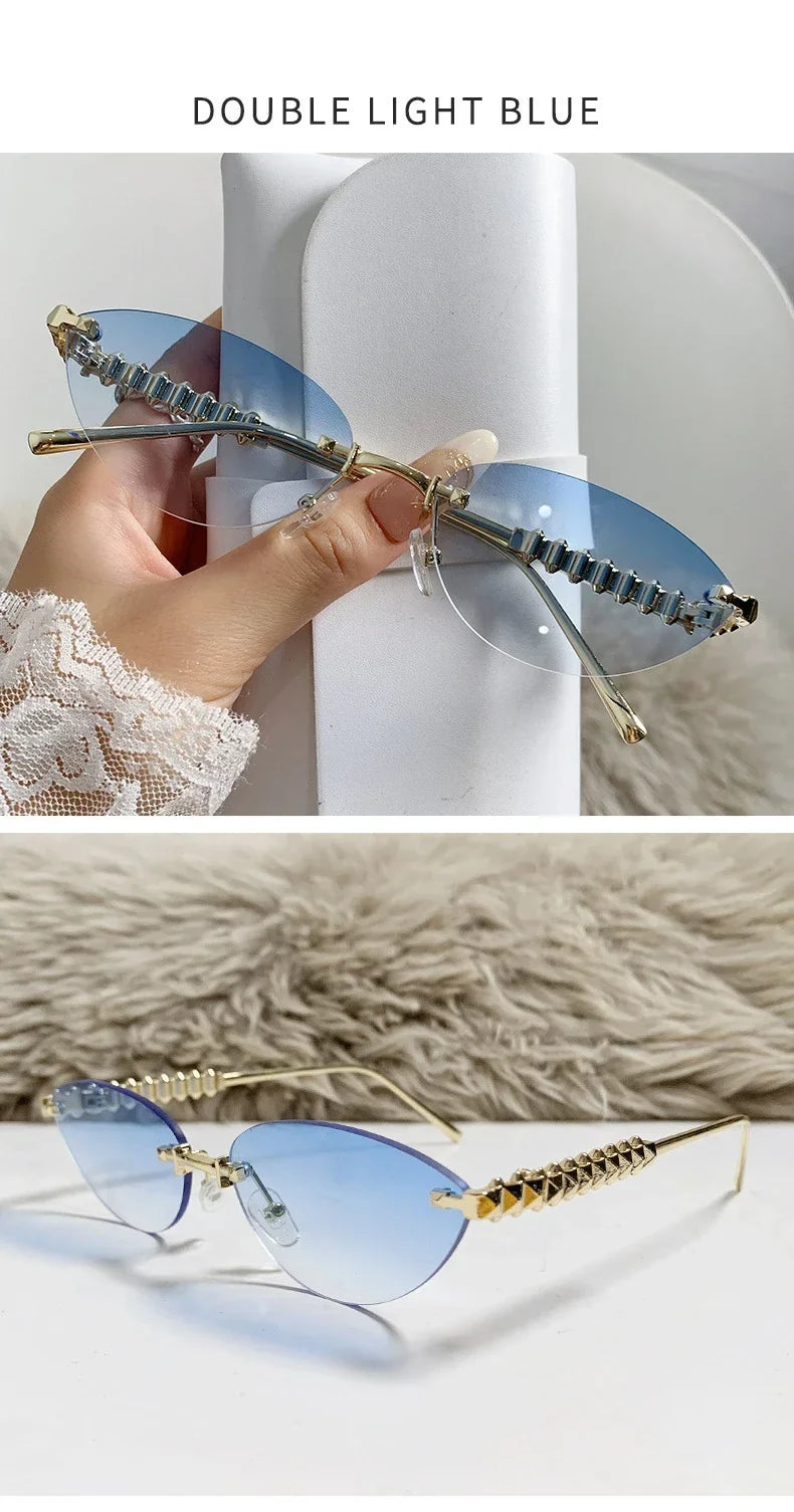 2026 Cat Eye Rivet Rimless Sunglasses Women Luxury Fashion Brand Oval Narrow Sun Glasses Shades Trendy Elegant Unique Eyewear