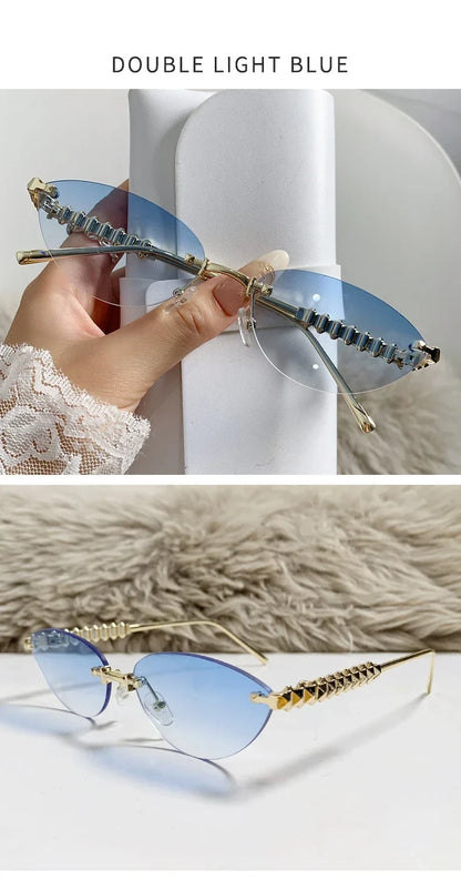 2026 Cat Eye Rivet Rimless Sunglasses Women Luxury Fashion Brand Oval Narrow Sun Glasses Shades Trendy Elegant Unique Eyewear