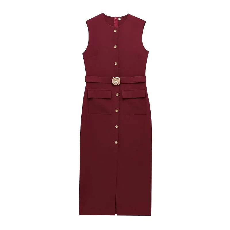 2025 Womens Dresses Black Office Long Dresses for Women Spring Sleeveless Midi Dress Woman Belt Button Women's Dress Vest