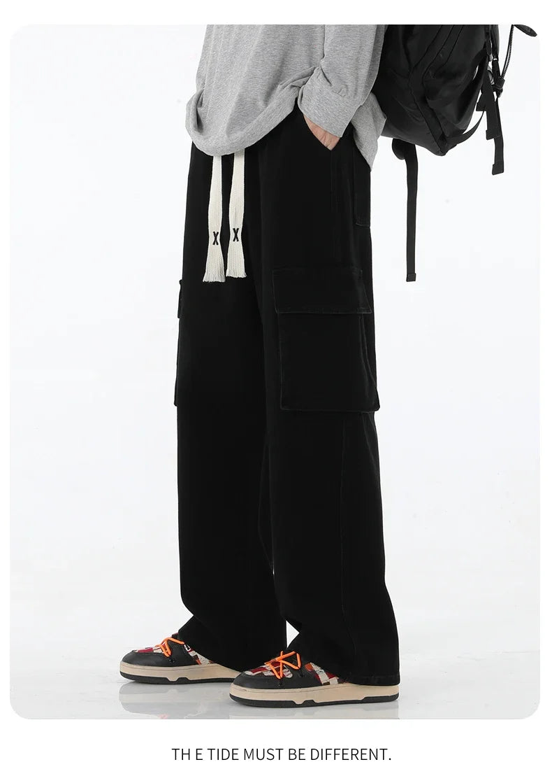 2024 New Men Baggy Cargo Jeans Fashion Streetwear Vintage Wide Leg Pants American Streetwear Y2K Big Pocket Youth Overalls